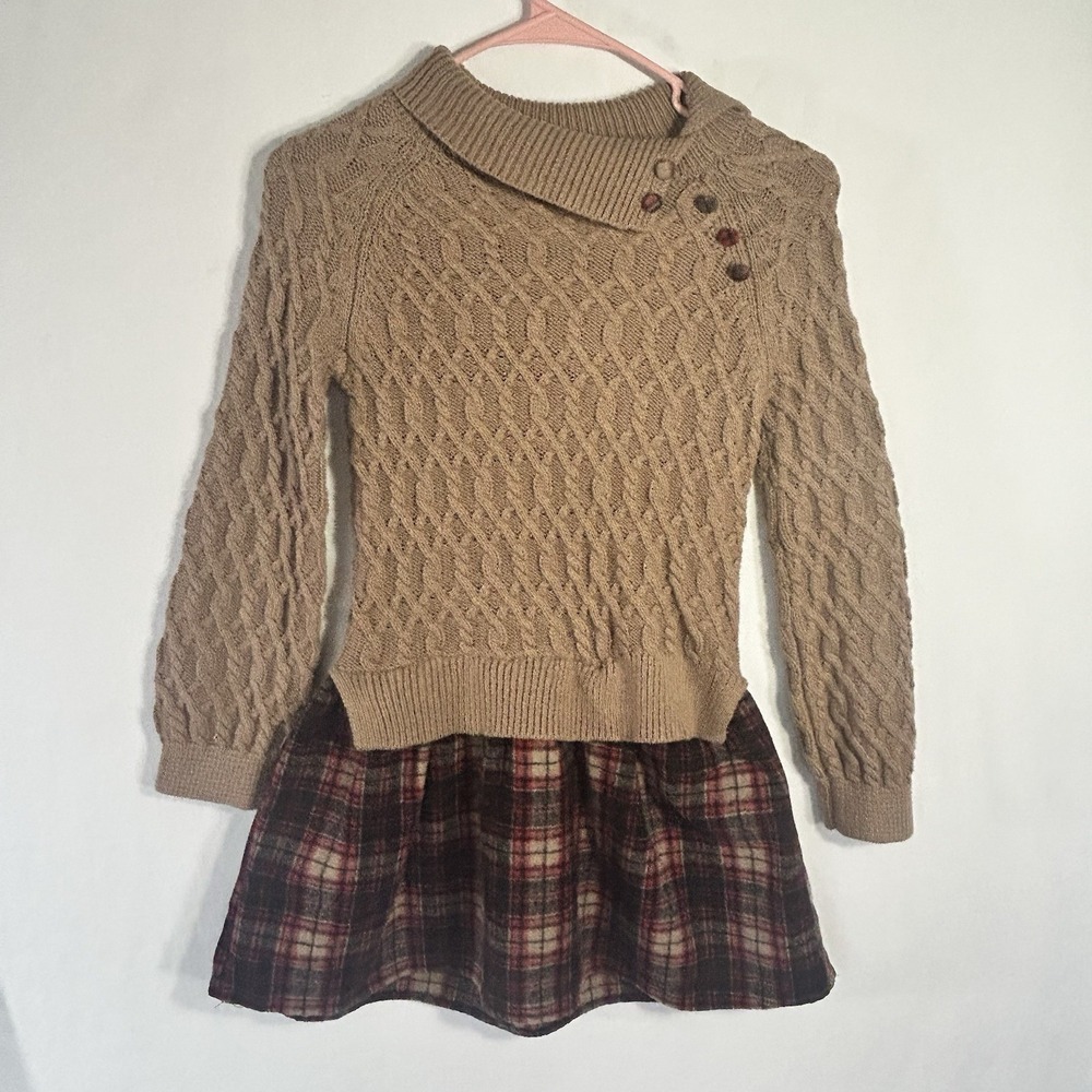 Tommy Hilfiger Cable Knit Sweater Dress Plaid Skirt Button Cowl Neck Tan Girls 7